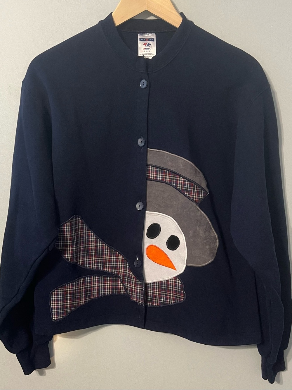 Vintage Christmas Button-front Sweatshirt Women’s M Snowman Appliqué Cardigan